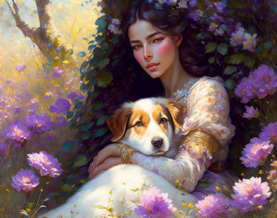 Vintage-dressed woman cuddles brown and white dog in lush garden with purple flowers.