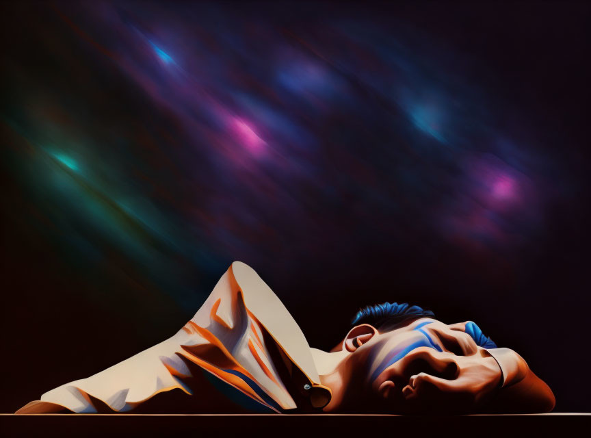 Person lying down under colorful aurora lights on dark background