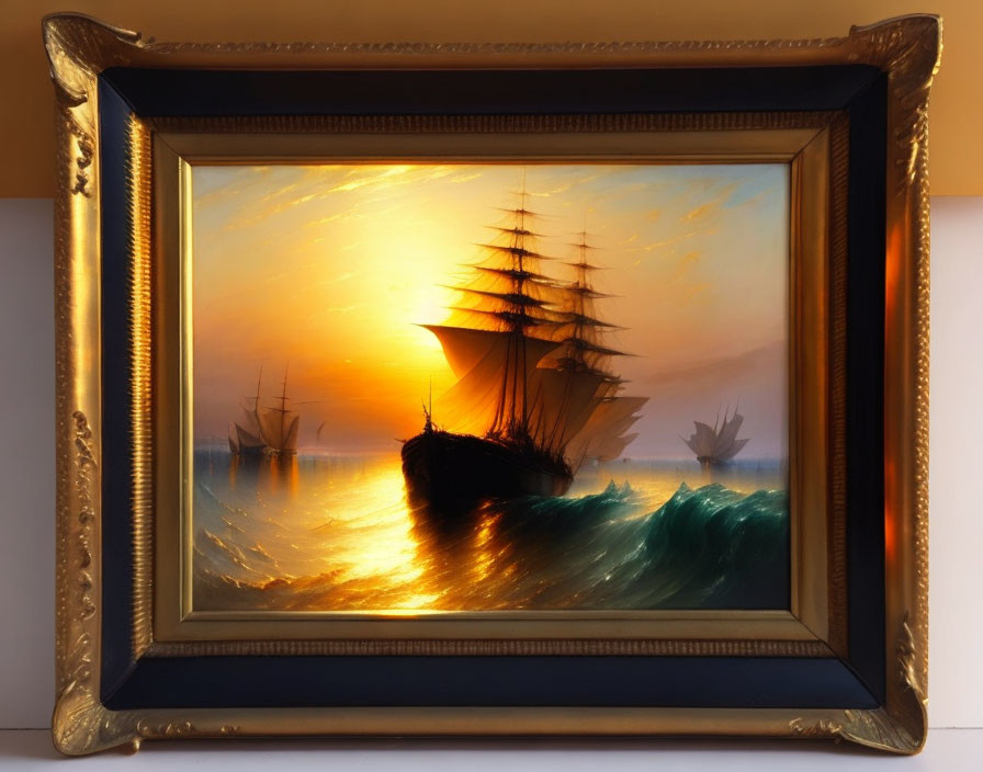 Sailboats Painting: Sunset Ocean Scene with Orange Skies