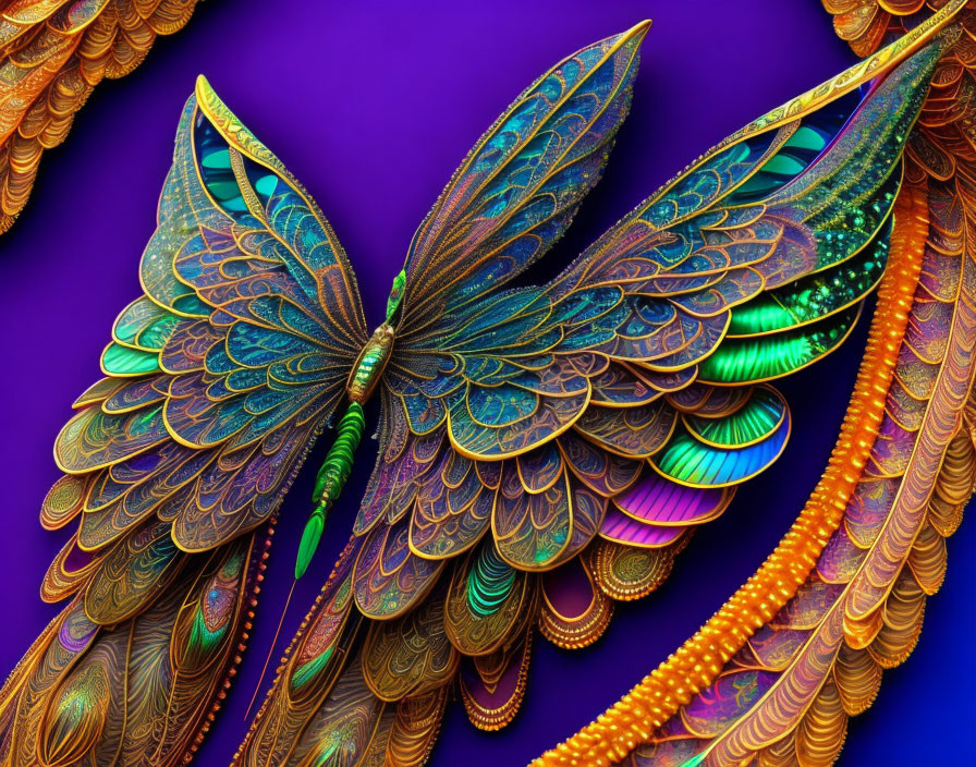 Iridescent butterfly creature with peacock feather wings on purple backdrop