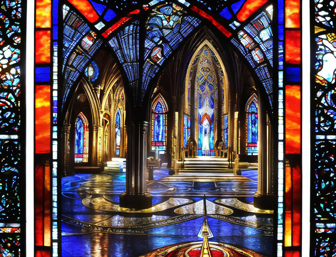 Colorful stained glass windows in church with arched ceilings and intricate floor design