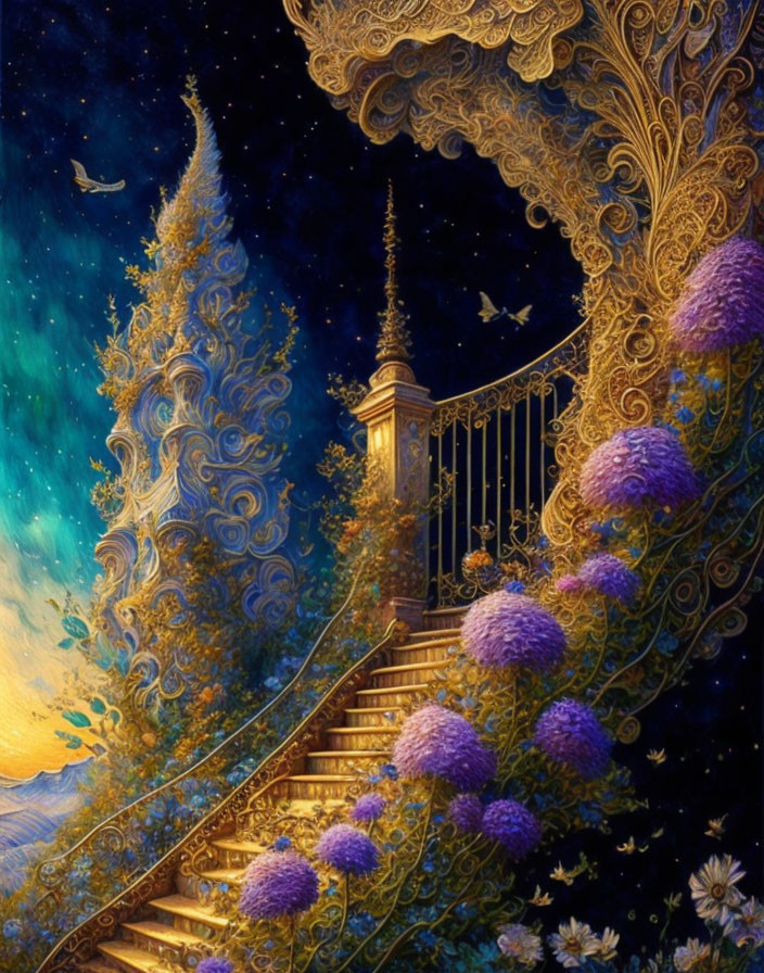 Golden Staircase with Purple Flowers and Fantasy Trees Leading to Tower