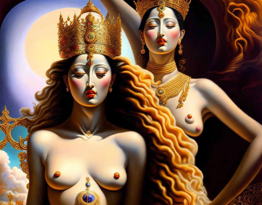 Artistic surreal depiction of two women with multiple arms and golden crowns