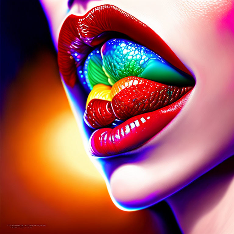 Vibrant rainbow-colored lips with glossy finish and colorful textured sphere.