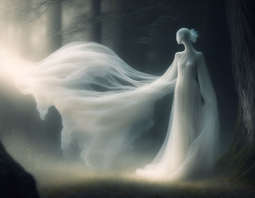 Ethereal figure in ghostly white gown in mysterious forest