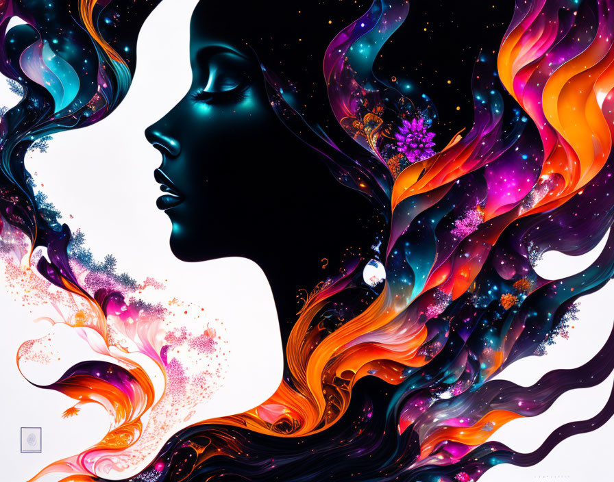 Vibrant digital artwork: Woman's silhouette with flowing hair in cosmic background