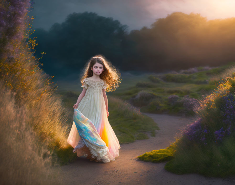 Young girl in elegant dress walks among wildflowers in striking beam of sunlight