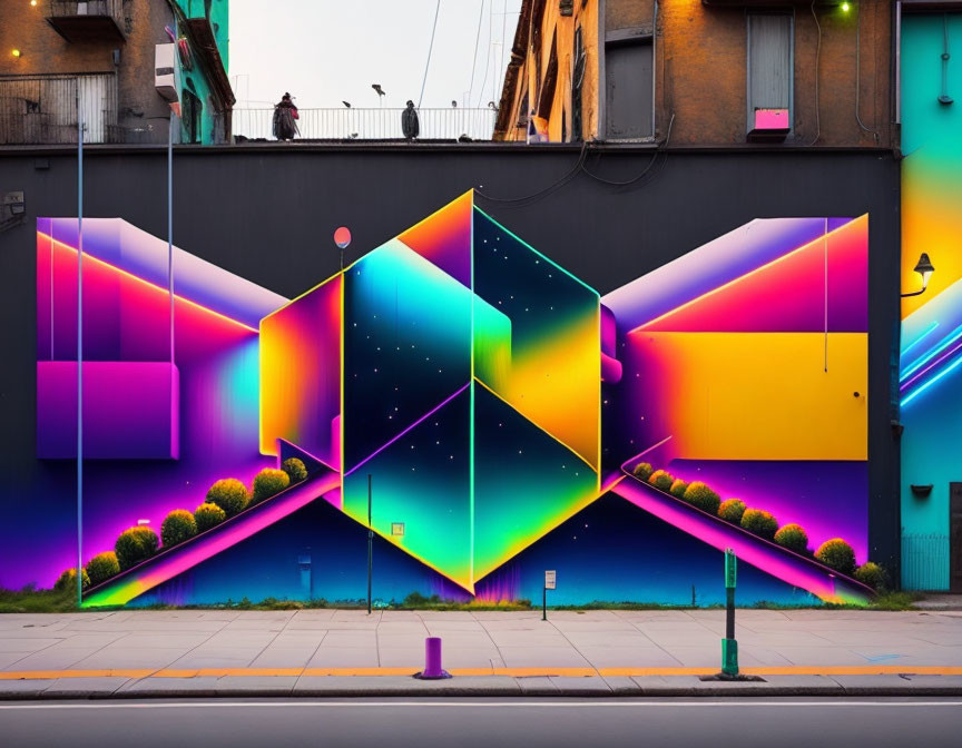 Colorful Geometric Street Art Mural on Urban Building Wall