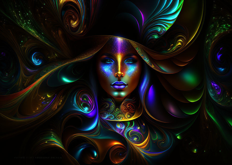 Colorful digital artwork: Woman's face with cosmic makeup and abstract patterns.