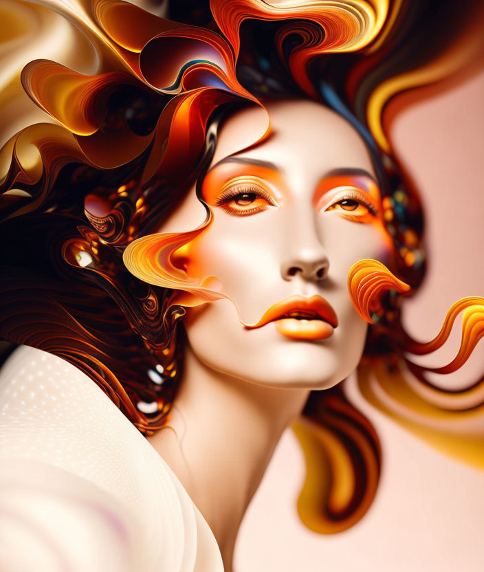 Abstract digital artwork: Woman with flowing orange and brown hair and stylized makeup