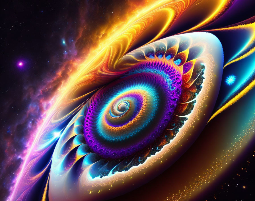 Colorful Spiral Fractal Art Against Cosmic Galaxy Backdrop