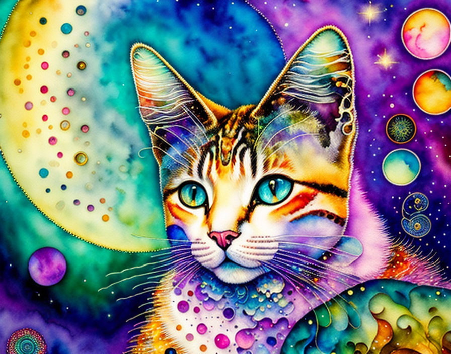 Colorful Artwork: Whimsical Cat in Cosmic Setting