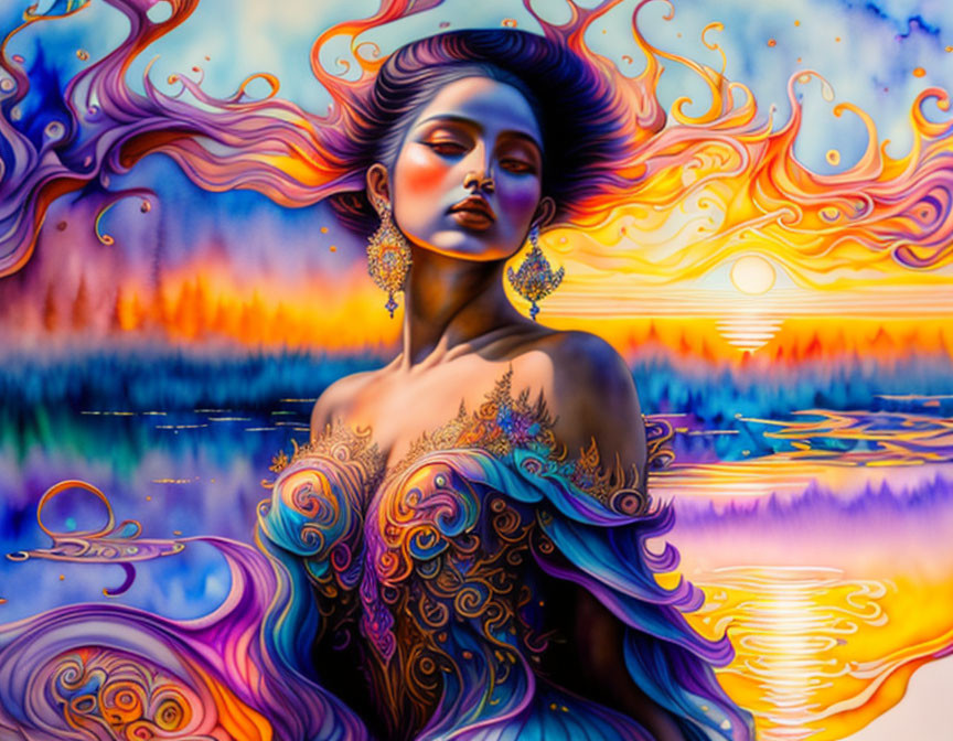 Colorful Surreal Painting of Woman with Flowing Hair and Ornate Patterns