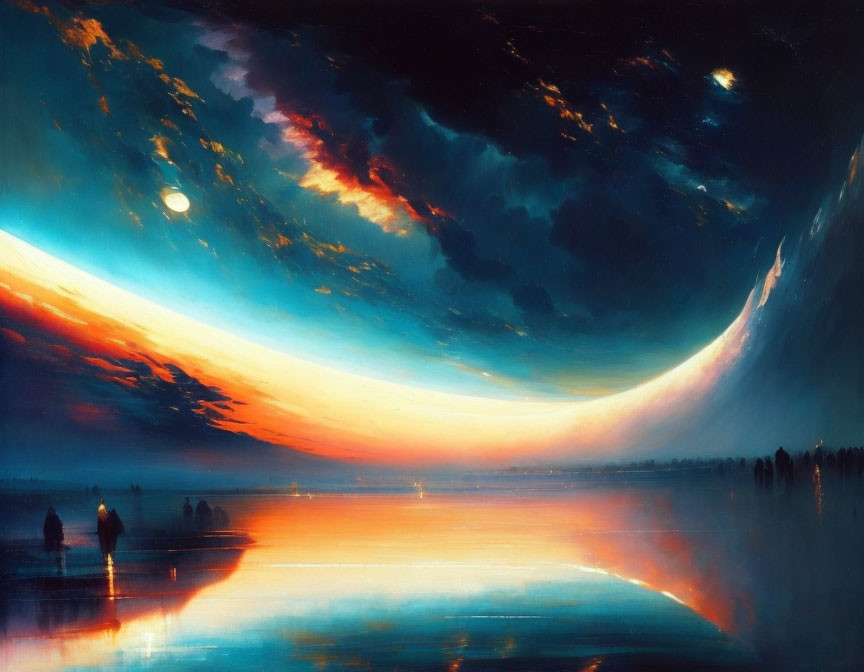 Surreal landscape with crescent moon, sunset hues, and silhouetted figures