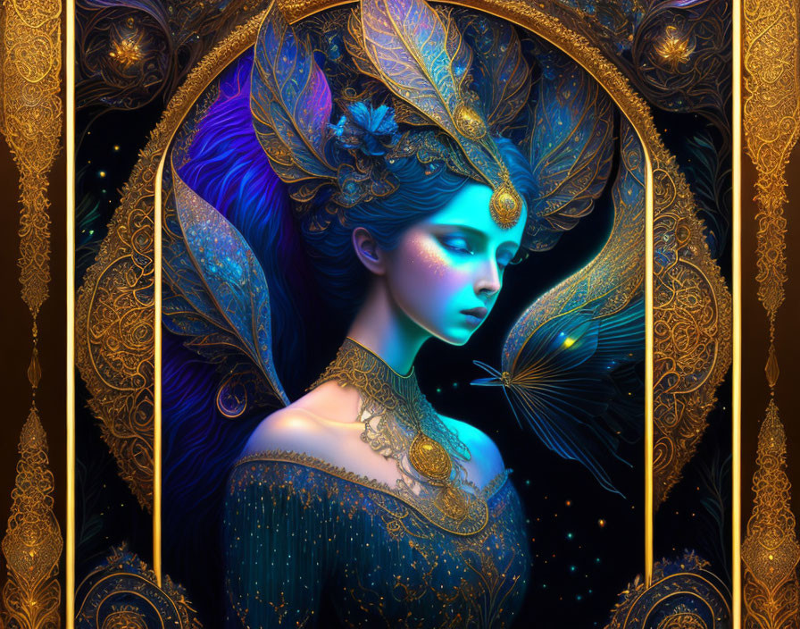 Mystical woman with peacock feather headdress in shimmering blue attire