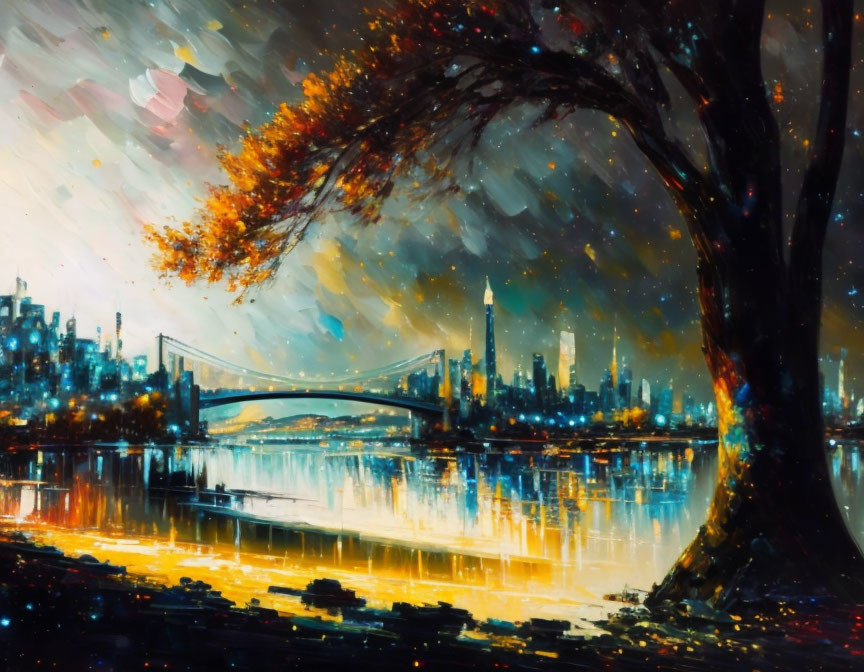 Colorful painting: Tree shedding autumn leaves near river, city skyline and bridge in twilight