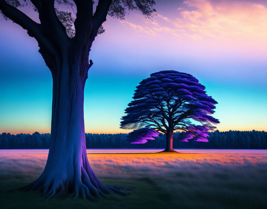 Majestic tree silhouette against vibrant twilight sky