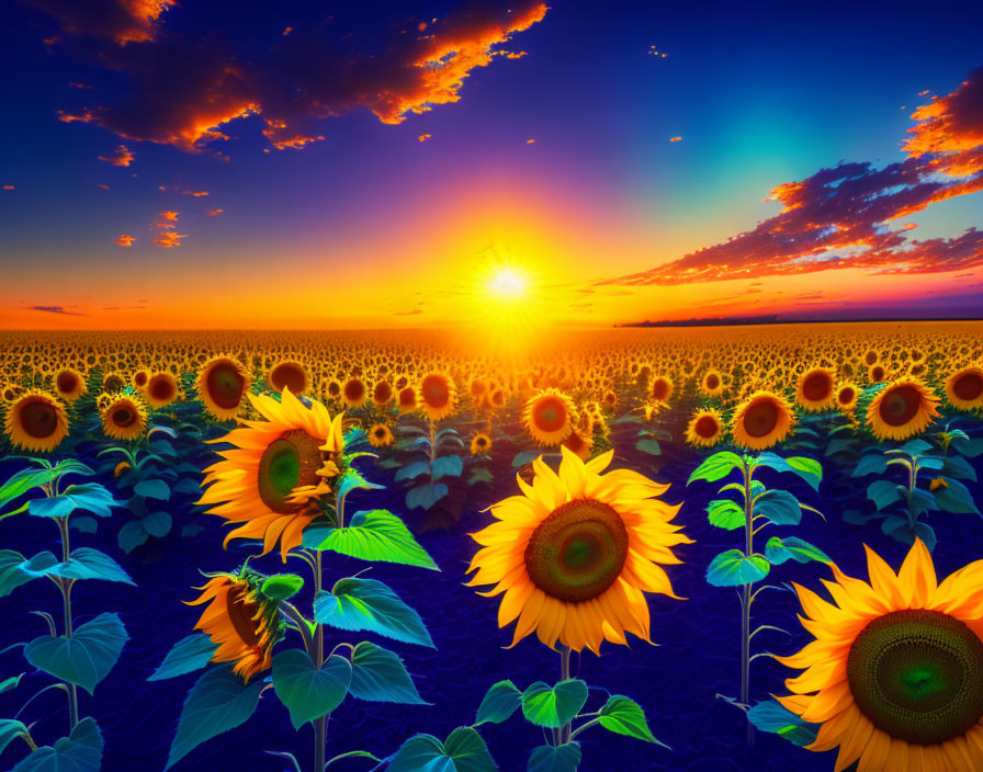 Colorful sunset over blooming sunflower field with vibrant sky