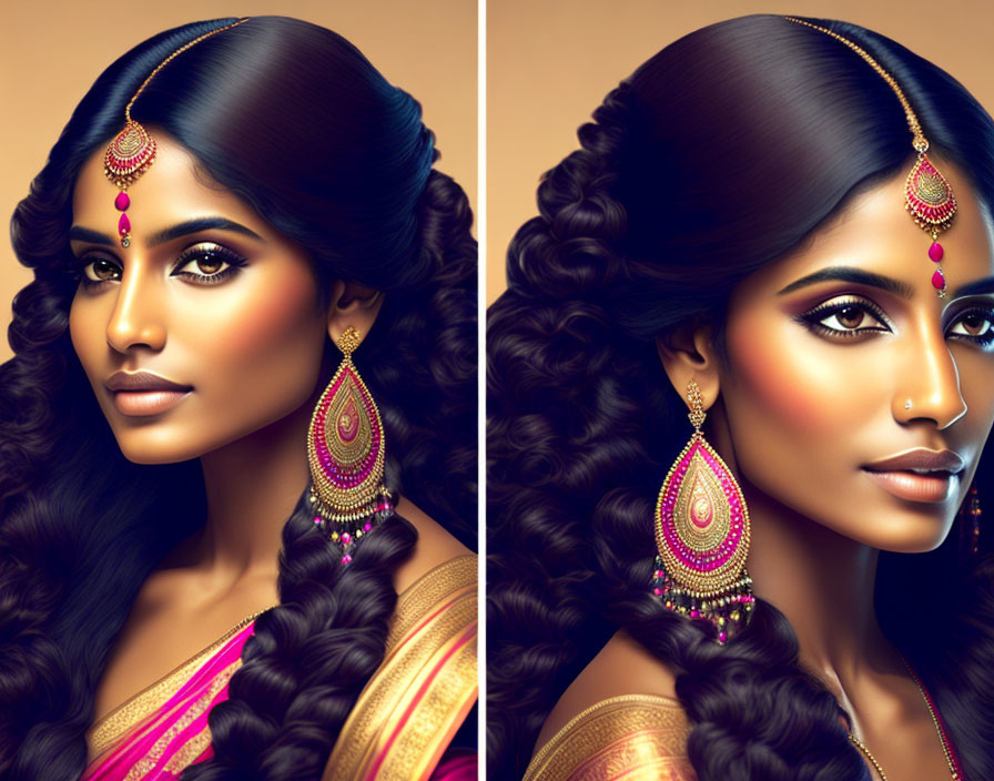 Traditional Indian jewelry on woman with long hair in golden background