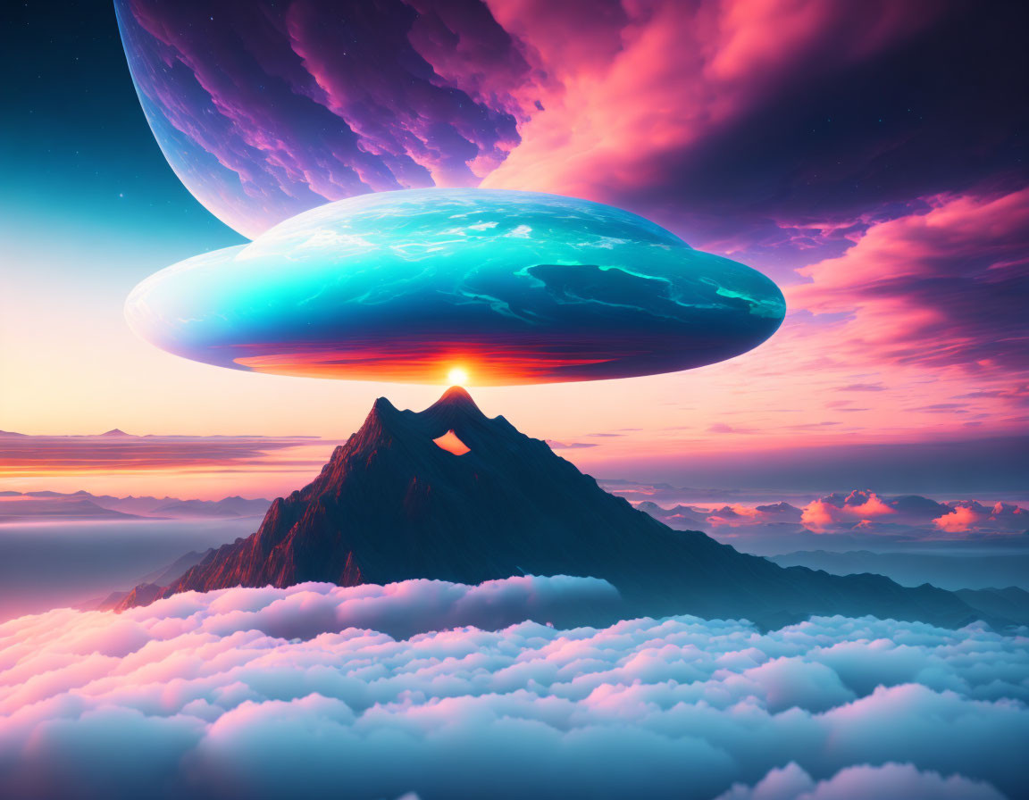 Colorful sci-fi landscape: mountain peak above clouds, vibrant alien planets.