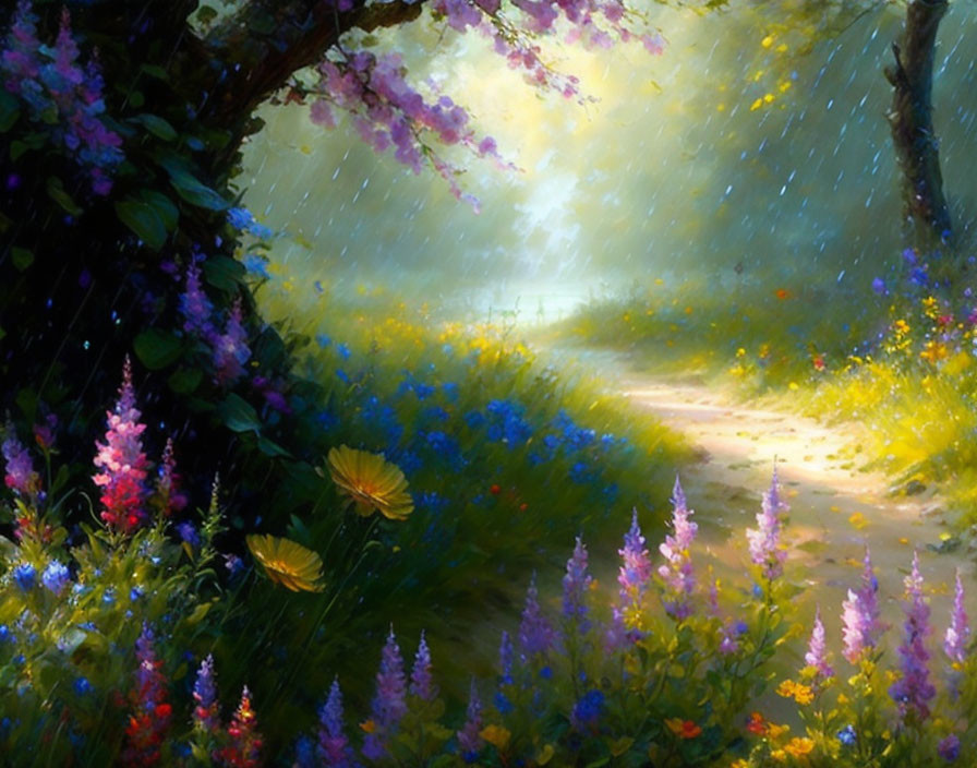 Sunlit forest pathway with vibrant wildflowers under tree canopy