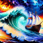 Vibrant painting: sailing ships on tumultuous sea with dramatic sunset sky