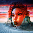 Colorful digital artwork of woman's face merging into cosmic landscape