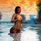 Young Woman in Shallow Water with Dramatic Sky