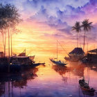 Tranquil Sunset Scene with Boats, Silhouetted Mountains, and Colorful Sky