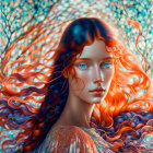 Digital artwork featuring woman with vibrant red hair and colorful patterns against whimsical tree backdrop