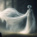 Person in white cloak and hood holding flowing white dress in misty forest