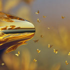 Golden butterflies fluttering around swirling liquid gold against amber background