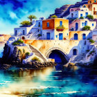 Colorful waterfront cityscape with whimsical architecture, boats, bridge, and blue sky.