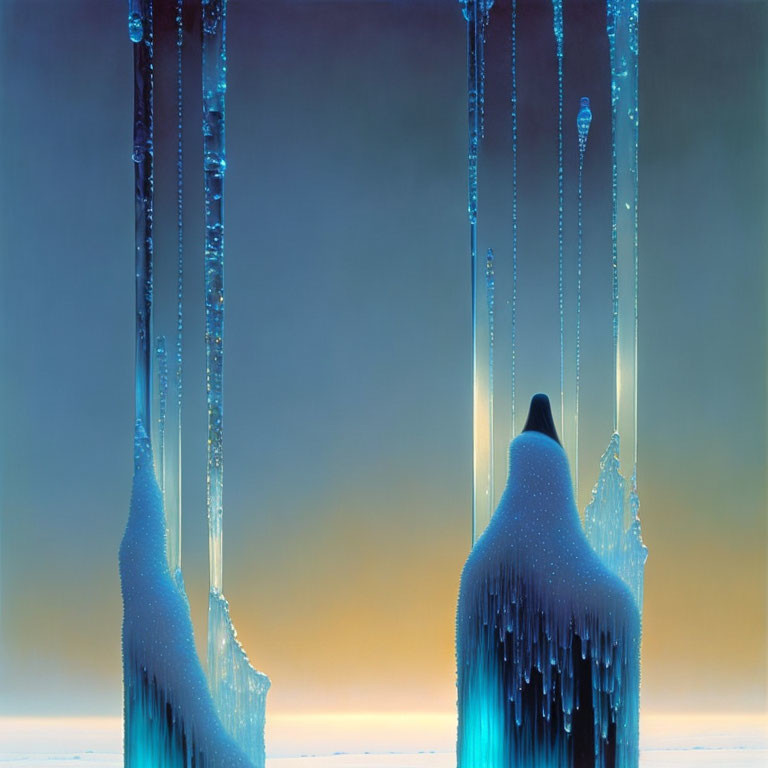 Frozen landscape with hanging icicles and glowing horizon in dim light