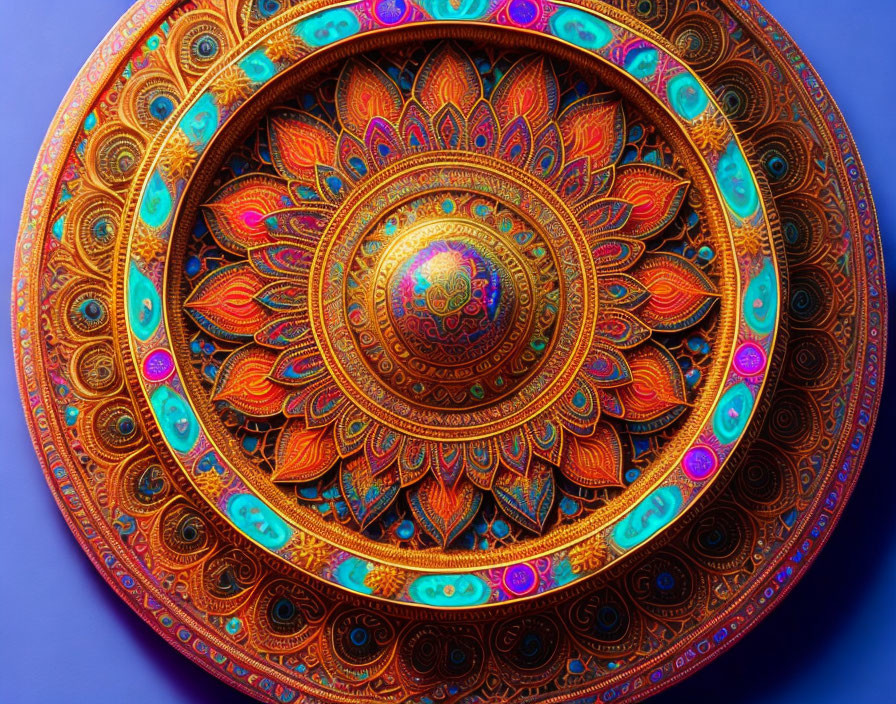 Colorful Mandala Design in Orange, Blue, Gold on Purple