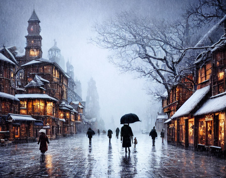 Pedestrians with umbrellas on snowy cobblestone street at twilight