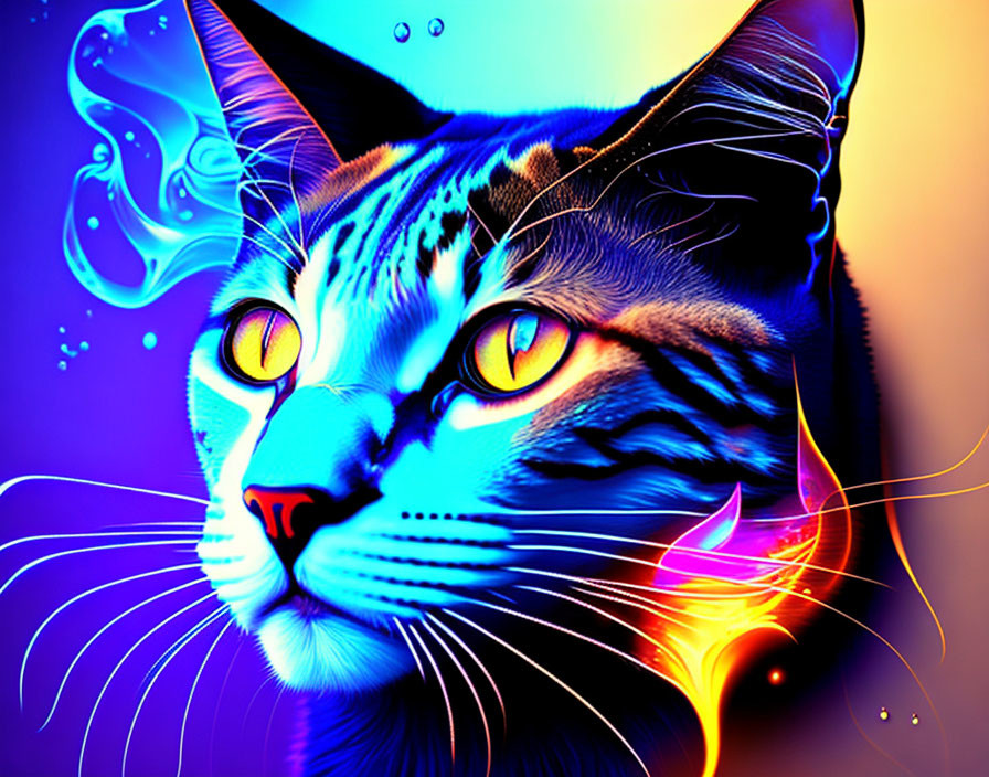 Colorful Digital Art: Cat with Yellow Eyes on Blue-Purple Neon Background