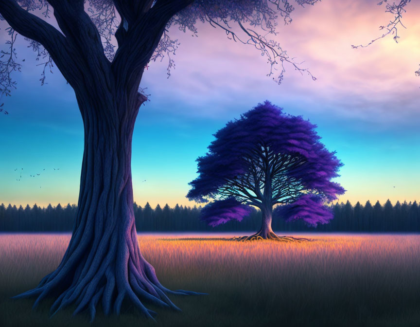 Tranquil dawn landscape with vibrant purple tree and forest under pastel sky