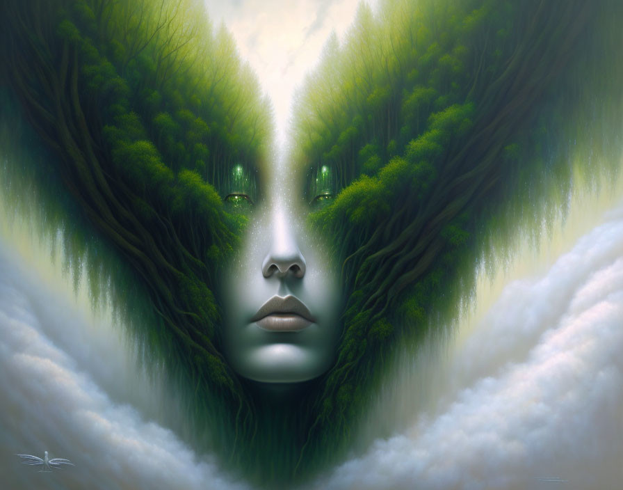 Woman's face emerges from forest landscape with tree hair and mist.