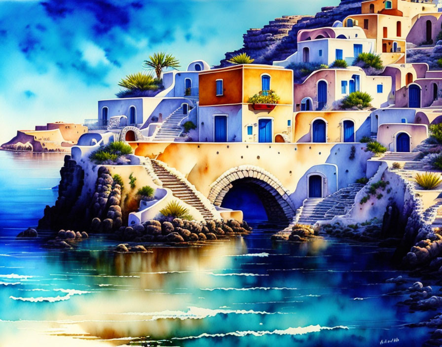 Colorful Coastal Mediterranean Village Painting with Arched Bridge