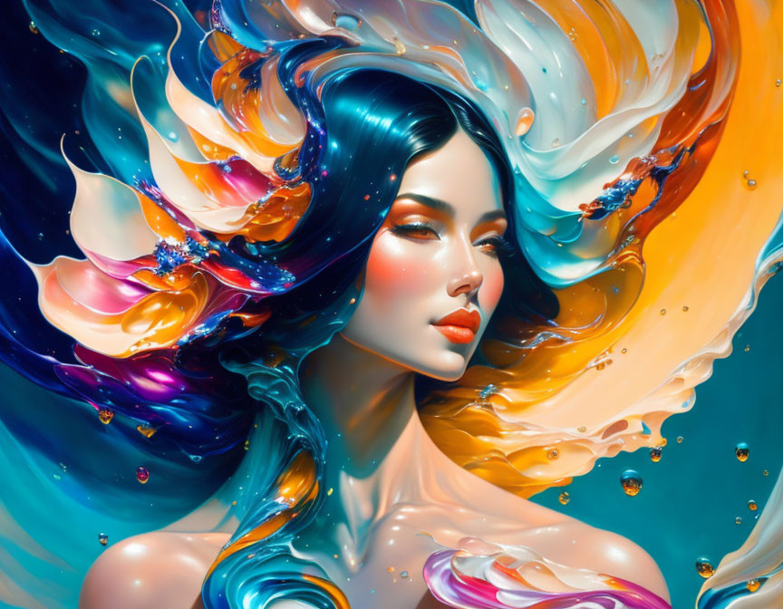 Colorful digital artwork: Woman with flowing hair in liquid-like swirls on turquoise background