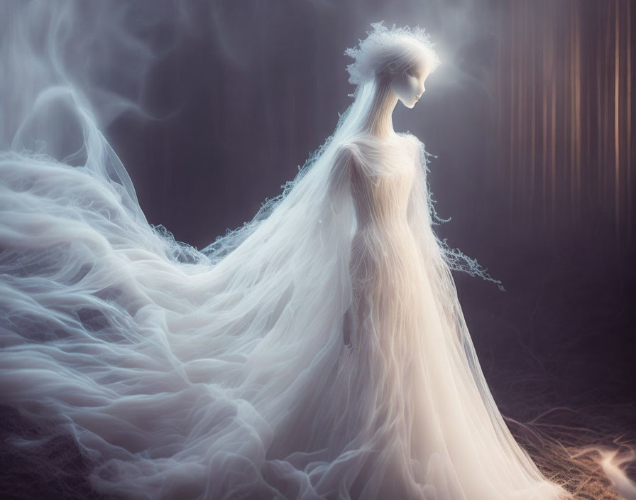 Person in ethereal gown engulfed in dreamlike misty light