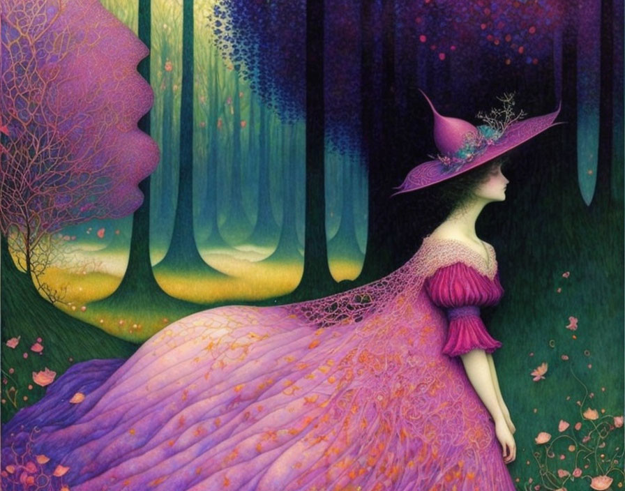 Woman in Purple Gown Stands in Enchanted Twilight Forest