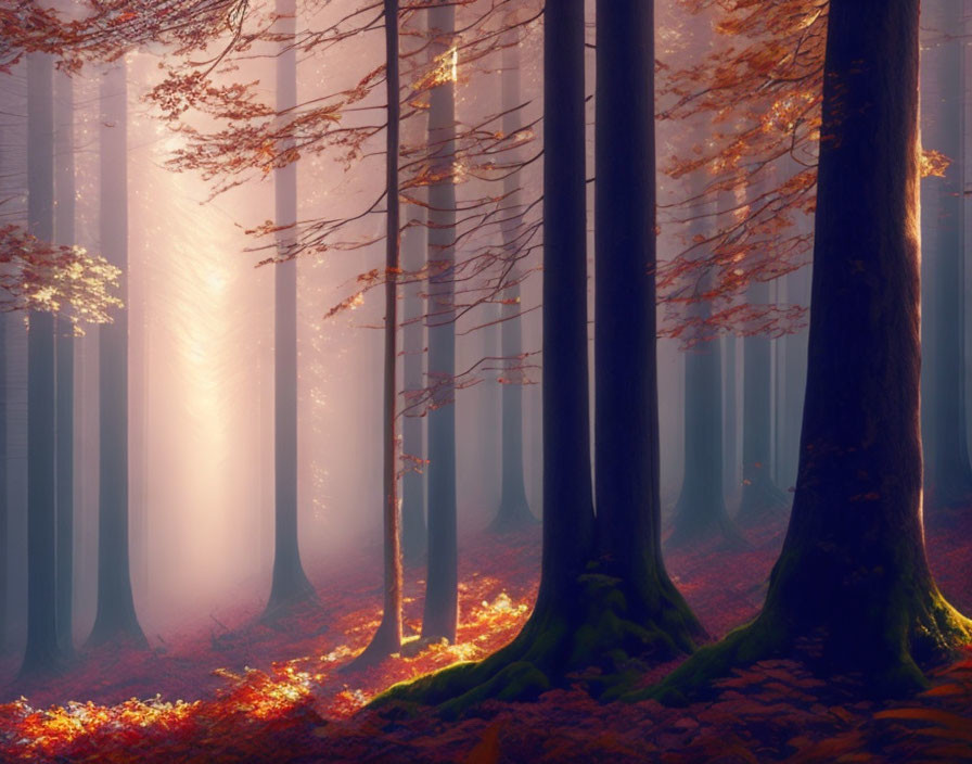 Autumnal forest scene with sunlight piercing mist and red leaves