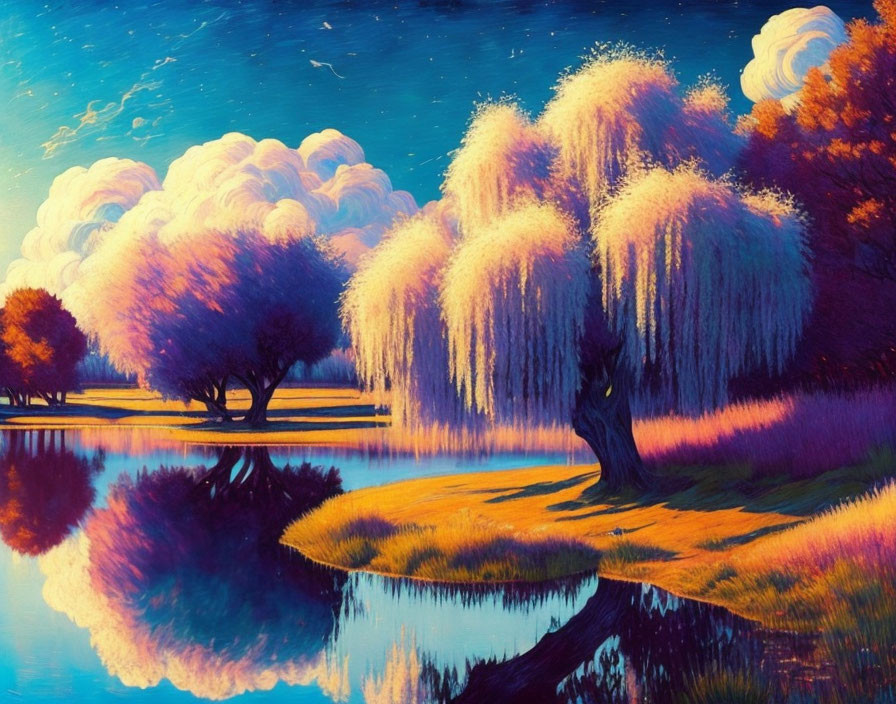 Vibrant landscape with lush trees reflected in tranquil water