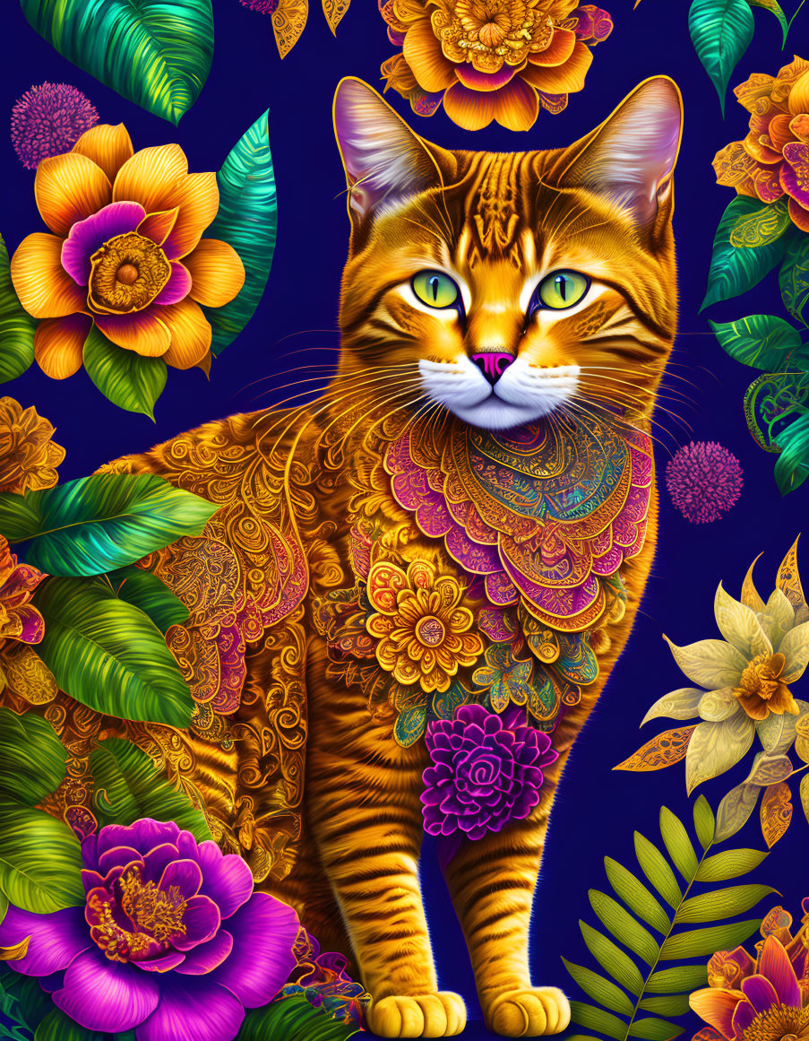 Colorful Orange Cat Illustration with Floral Tapestry on Blue Background