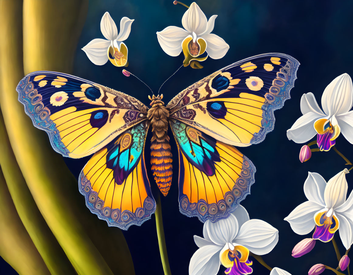 Colorful Butterfly Digital Painting with Orchids and Stem