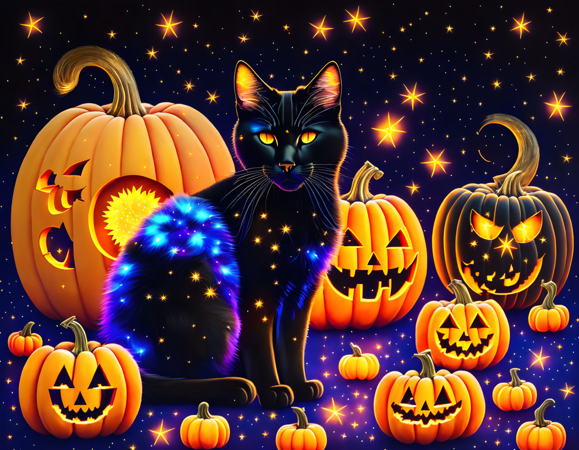 Vibrant black cat with blue and purple sparkles among pumpkins under starry night.