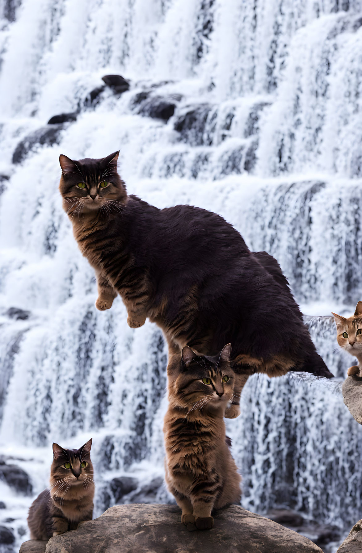 Multiple cats with elongated bodies in front of a waterfall