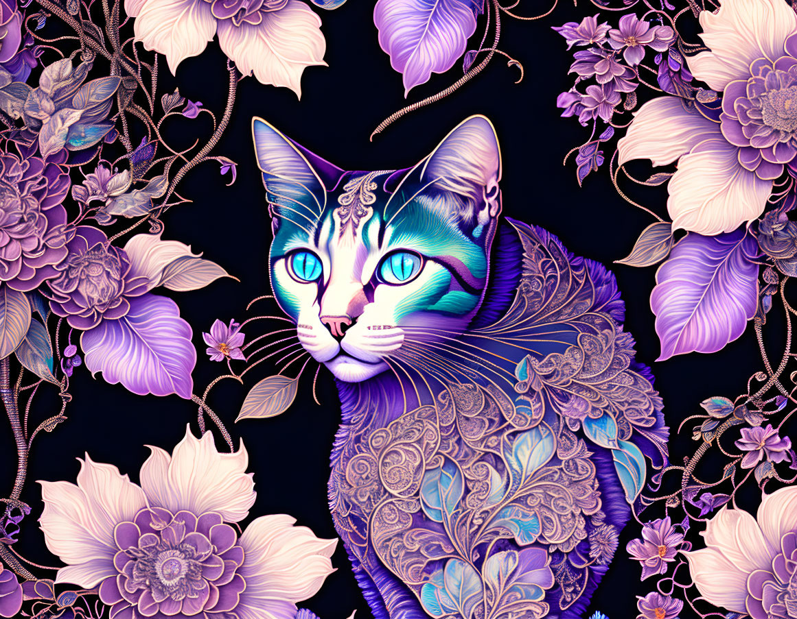 Colorful Digital Artwork: Blue Patterned Cat with Floral Designs